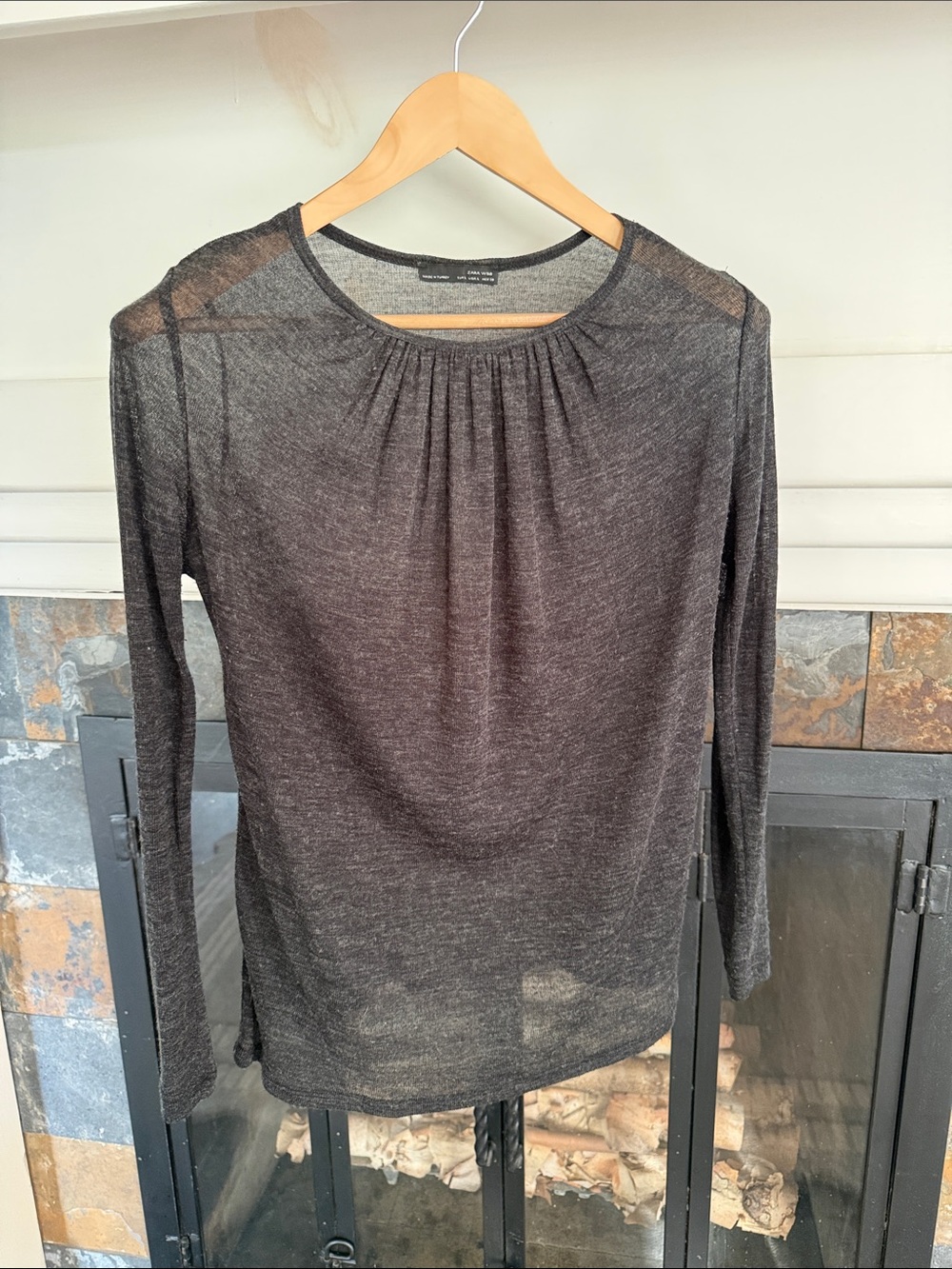 Zara charcoal gray Thin Knit Long-Sleeve Pleated Neck TOP in size L.